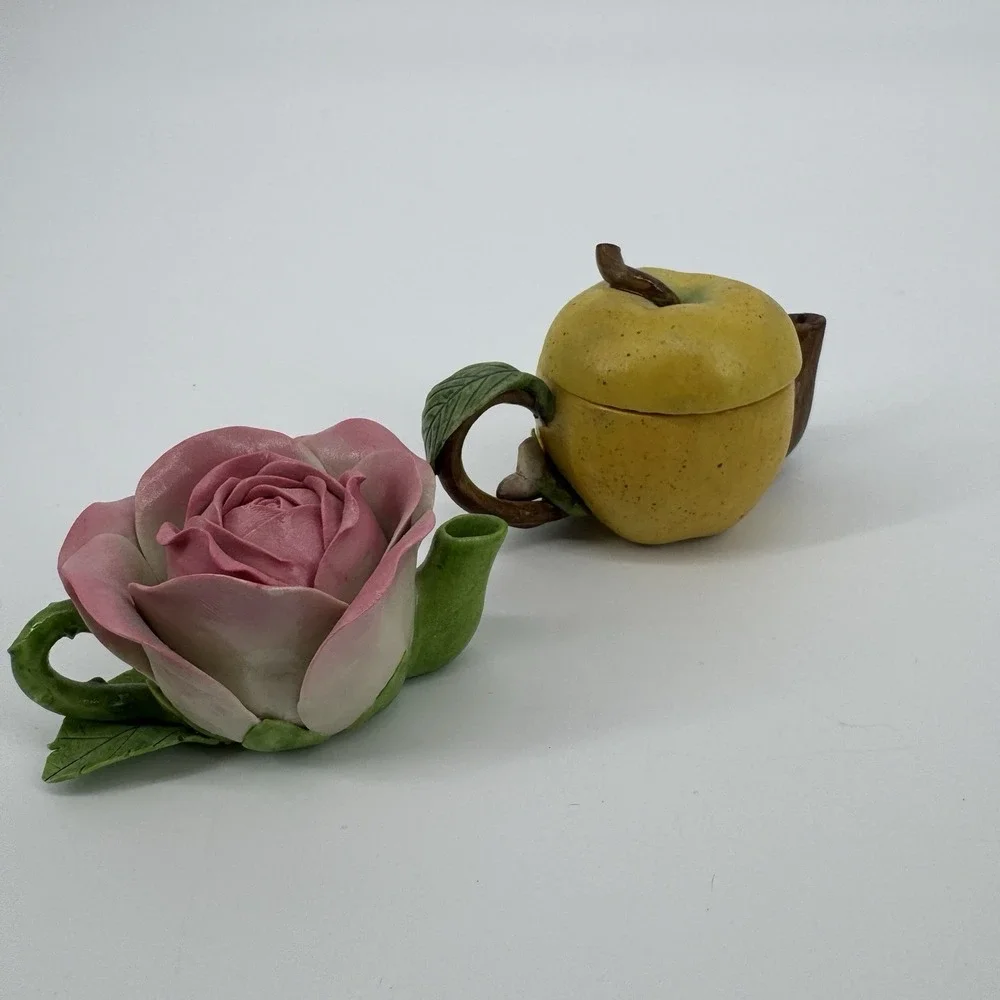 Vintage Style Rose & Apple Teapot Set Miniature Floral Novelty Cottagecore Chic
